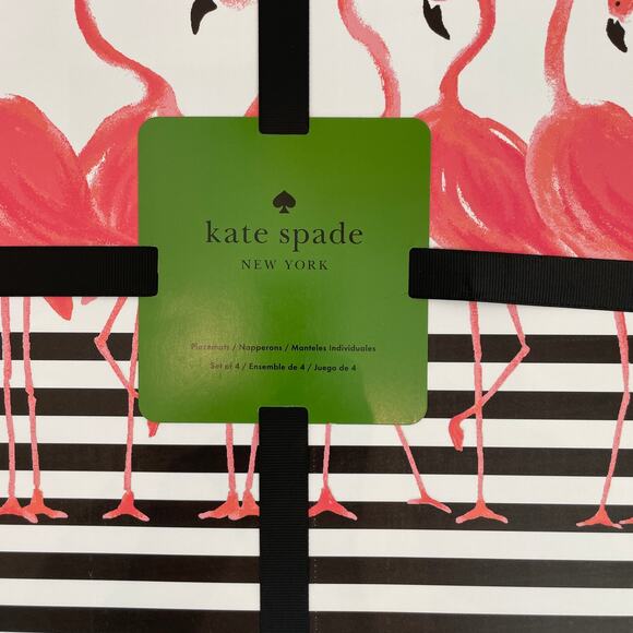 KATE SPADE Pink Flamingo Black Striped Easy Care Vinyl Placemats Set of 4 NEW - Picture 2 of 9